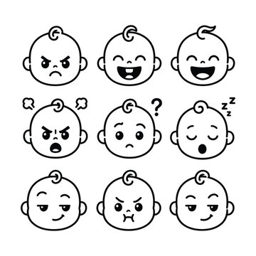 A set of nine emotive baby face illustrations showcasing various emotions.