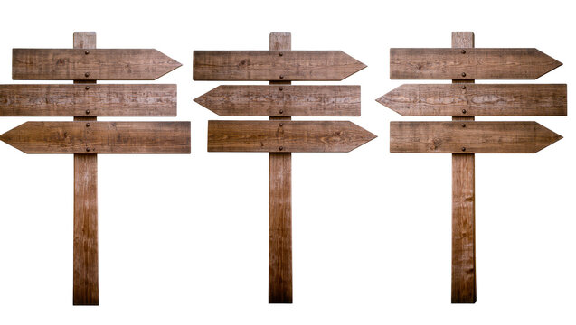 Rustic wooden directional signs arranged in a row