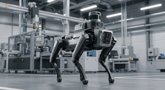 Quadrupedal robot dog walking through modern industrial automated factory for inspection and security.