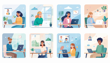 Fototapeta premium Diverse professionals collaborating virtually from home offices, engaging in online meetings and remote work tasks using laptops and headsets