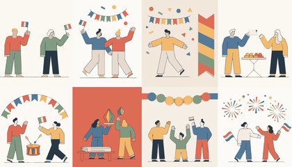 Fototapeta premium Vibrant flat illustrations depicting diverse groups celebrating festive occasions, national holidays, and cultural events with flags, banners, and joyful camaraderie