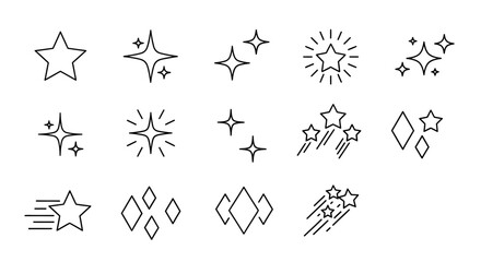 Collection of star and sparkle icons representing brightness, light, and achievement with abstract geometric shapes © HUANG