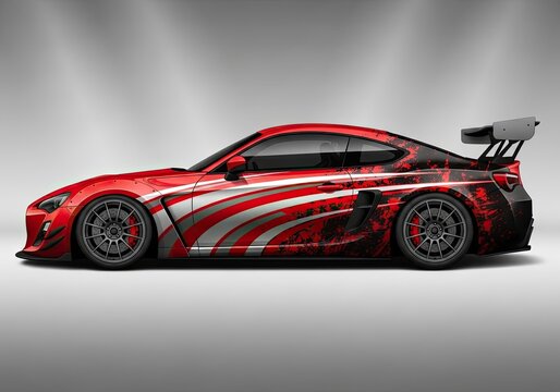 Red sports car with custom racing livery side view studio