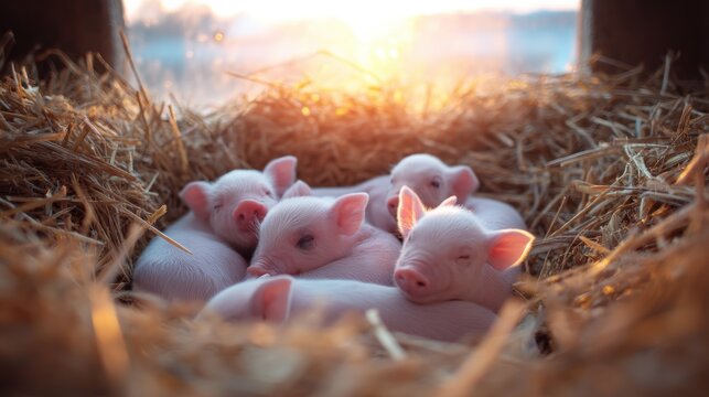 Group of cute pink piglets sleeping together in dry straw inside farm barn. Little domestic animals resting in warm golden sunset light. Charming rustic livestock lifestyle concept.
