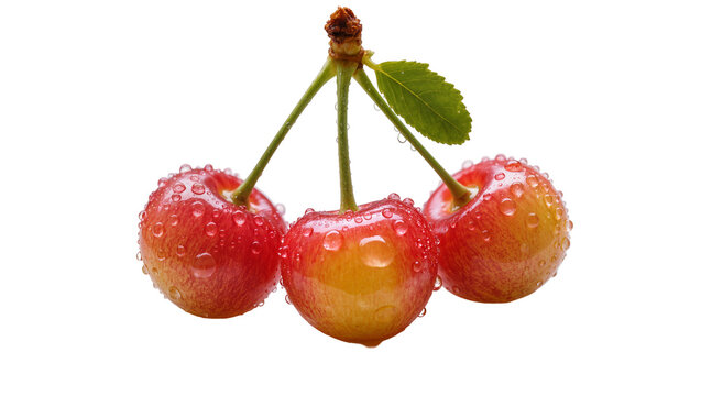 Three ripe Rainier cherries with water droplets, isolated on transparent background