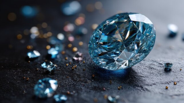 Large blue diamond resting on dark textured surface. Faceted gemstone reflecting light in studio. Luxury jewelry material, riches, wealth, investment and high value precious mineral concept.