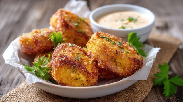 Deep fried croquette with crispy breadcrumb crust. Fried potato ball served with creamy sauce on wooden table. Homemade snack or appetizer for restaurant menu and culinary blog content.