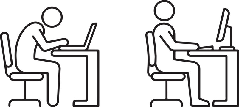 Web, Proper ergonomic sitting posture at office desk for spine health and back protection outline icon.