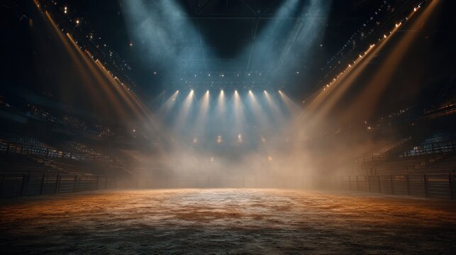 Empty rodeo arena with dirt floor illuminated by bright stadium lights. Concept of concert venue, stage before performance or sports event. Empty stadium for show or competition.