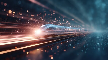 Fototapeta premium High speed bullet train moving through a digital tunnel. Futuristic rail transportation with light trails. Modern urban infrastructure technology concept for travel and fast connection.