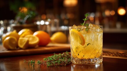 Fototapeta premium Glass of iced cocktail with lemon slice and thyme herb on bar counter. Refreshing citrus drink in vintage crystal tumbler. Alcohol beverage for celebration, party and restaurant menu.