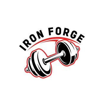 Iron forge fitness logo with strong barbell illustration and bold typography for powerful gym branding identity