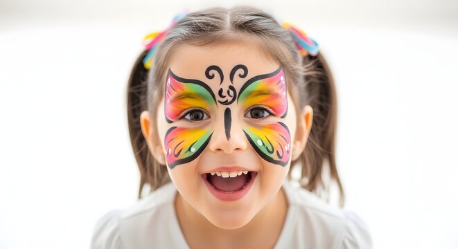 Joyful Young Girl with Colorful Butterfly Face Paint Smiling Happily.