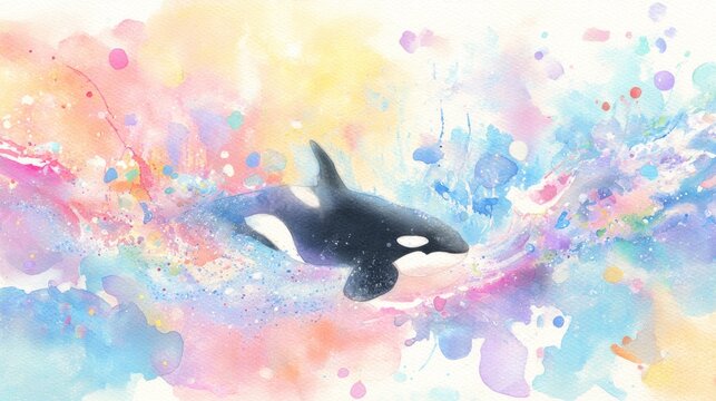 Orca swimming inside a colorful splash. Killer whale illustration with abstract pastel watercolor background. Artistic sea life design for marine conservation concept and nursery decor.