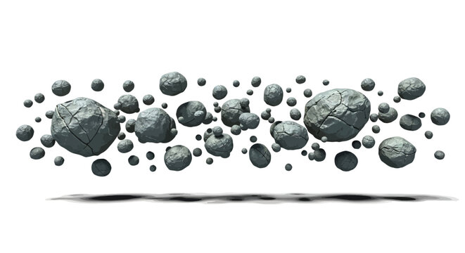 A scattering of rough, grey asteroid fragments suspended in mid-air, casting shadows below on a white background