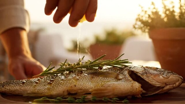 Chef squeezes lemon juice over grilled fish with fresh herbs on a wooden board outdoor dining scene