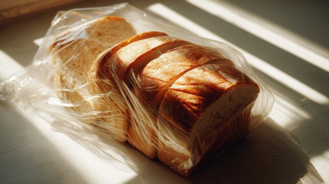 Loaf of sliced wheat bread in clear plastic packaging on a kitchen table. Fresh bakery product illuminated by morning sunlight. Concept of daily food supplies, grocery and nutrition.