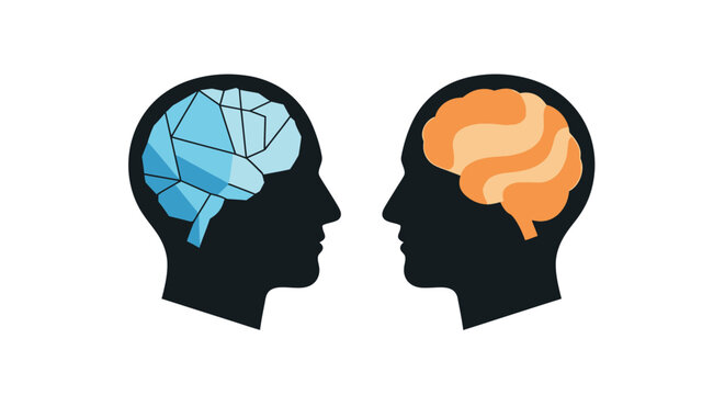Two stylized human heads with brains shown in profile view side by side