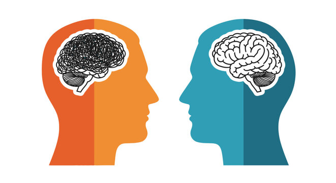 Two stylized human heads with brains shown in profile view side by side