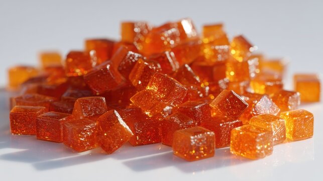 Pile of orange gummy candy cubes. Shiny translucent sugar jelly treats with glitter texture. Sweet food snack for celebration and party. Dessert confectionery for kids and adult.