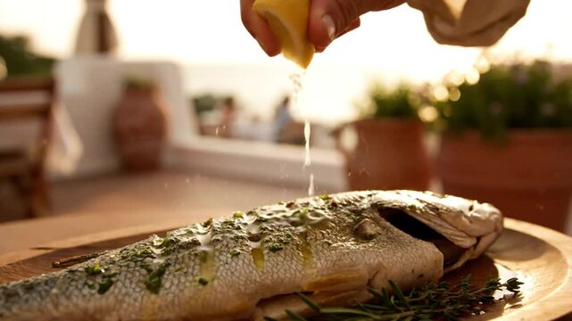 Chef Squeezes Fresh Lemon Juice on a Grilled Fish Prepared Outdoors for a Delicious Meal