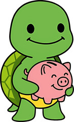 Obraz premium Cartoon Cute Boy Sea Turtle Holding Piggy Bank Saving Money Concept. Business Finance Vector Illustration.