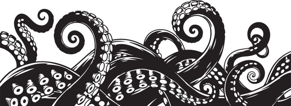 Tentacles of a kraken or giant squid emerging from dark wavy water, creating a mysterious and powerful underwater scene, evoking deep sea exploration and mythology.