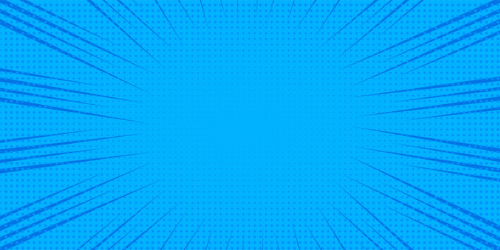 Comic background with blue halftone dots and radial speed motion lines. Vector speed effect for anime posters, stickers, covers, and dynamic graphic designs.