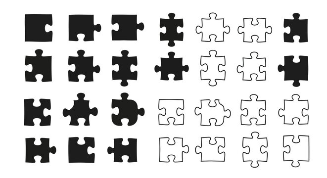 A comprehensive collection of diverse puzzle piece illustrations, featuring both solid black and outlined styles, representing concepts of connection, problem-solving, collaboration, 