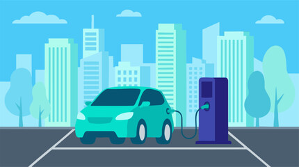 Electric Car Charging at Station in Urban Cityscape Illustration © ColorAsia