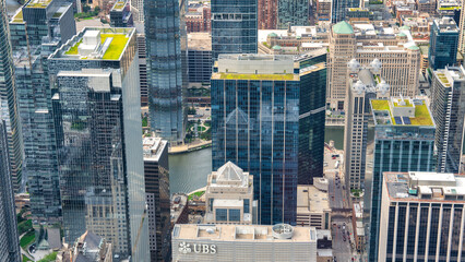 Fototapeta premium Chicago, IL - July 24, 2024: Aerial view of Chicago skyline. Skyscrapers and city landmarks