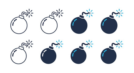 Set of bomb icons in outline and filled styles, depicting a circular bomb with a lit fuse, suitable for various design projects and applications © HUANG