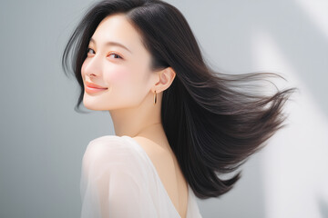 Fototapeta premium きらめく光と美しい髪の女性のビューティーポートレート ヘアケア・スキンケア広告用