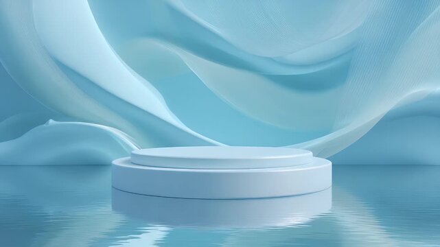 Minimalist blue product display pedestal with soft flowing fabric background and water reflection surface for high end cosmetic branding and luxury commercial presentation video clip studio motion.
