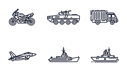 Vehicular Icons: A collection of various vehicles illustrated in a clean, modern style, including a motorcycle, tank, truck, jet, warship and ship. © Ajhar234