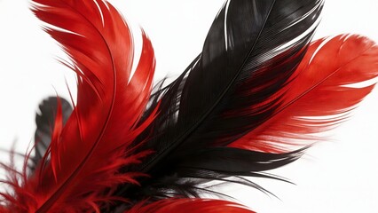 Fototapeta premium Red and black feathers on white background