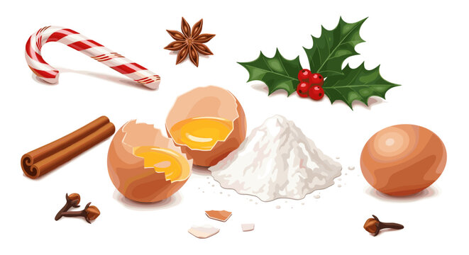 Festive Christmas baking ingredients arranged with eggs, flour, candy cane, cinnamon, and holly on white background
