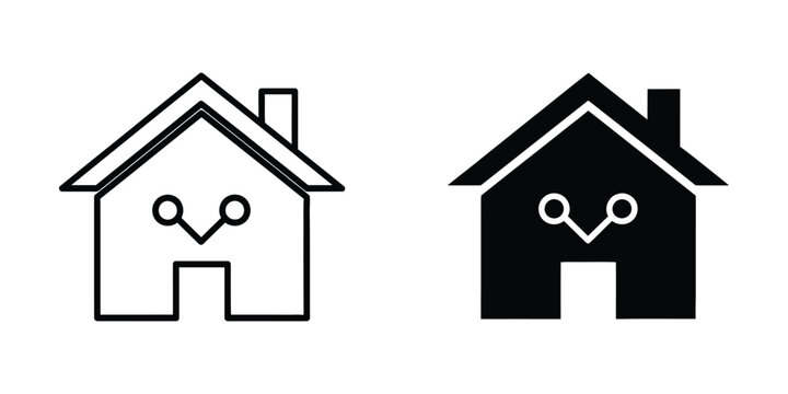 Simple house icon with smiling face and circuit lines on the front in black and white