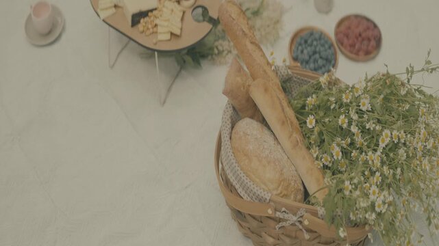 A top-down panning shot of a beautiful summer picnic spread on a white blanket. It features fresh berries, bread, cheese, croissants, and chamomile flowers on green grass.

