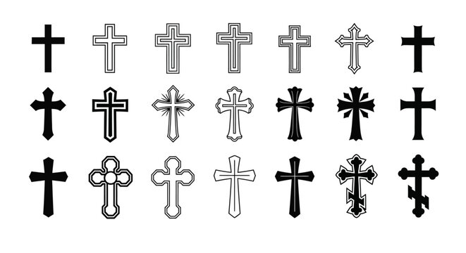 A comprehensive compilation of diverse Christian cross designs, illustrating a wide spectrum of religious symbols and spiritual iconography suitable for various faith-based projects