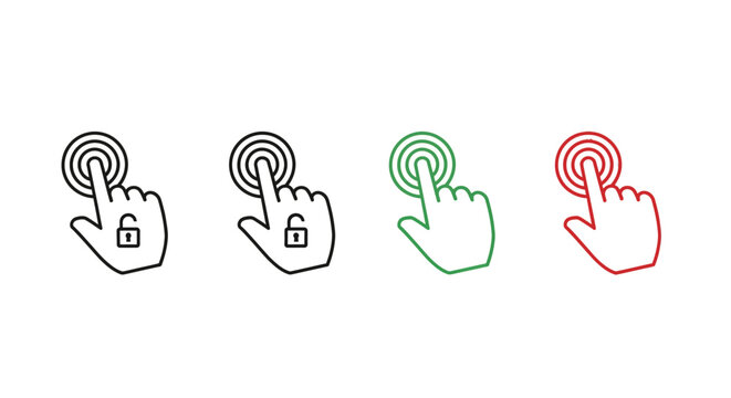 Set of touch screen icons showing hand cursor interacting with unlock and lock symbols in various colors