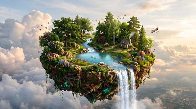 Pemandangan Fantasi Pulau Terbang dengan Air Terjun di Antara Awan