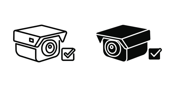 Simple black and white icon of a security camera with check mark