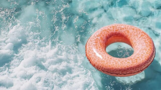 An orange inflatable ring floats peacefully in clear blue water. White foam gently ripples on the left, suggesting movement.
