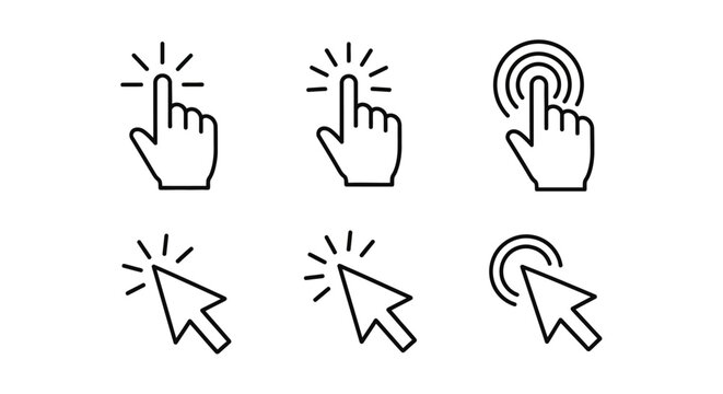 Collection of various cursor icons including hand pointers and arrow cursors, symbolizing digital interaction and navigation