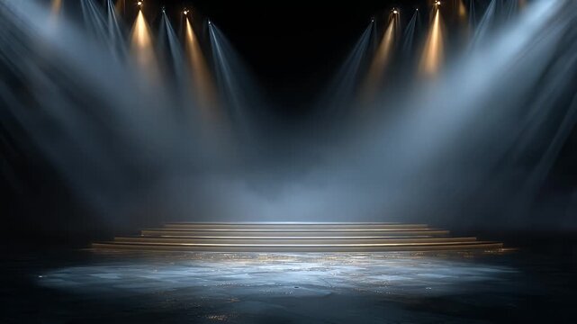 Empty stage with illuminated staircase glowing steps and dramatic spotlight beams descending onto floor surface creating mysterious dark atmosphere suitable for presentations or musical performances.