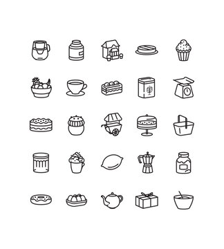 s&eacute;rie de pictogrammes isom&eacute;triques au trait sur le th&egrave;me de la p&acirc;tisserie, salon de th&eacute;, caf&eacute;, pastry, cup of tea, cuisine, cooking, ingredient, vecteur, illustration, ic&ocirc;nes, collection, pack