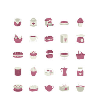 s&eacute;rie de pictogrammes isom&eacute;triques au trait sur le th&egrave;me de la p&acirc;tisserie, salon de th&eacute;, caf&eacute;, pastry, cup of tea, cuisine, cooking, ingredient, vecteur, illustration, ic&ocirc;nes, collection, pack