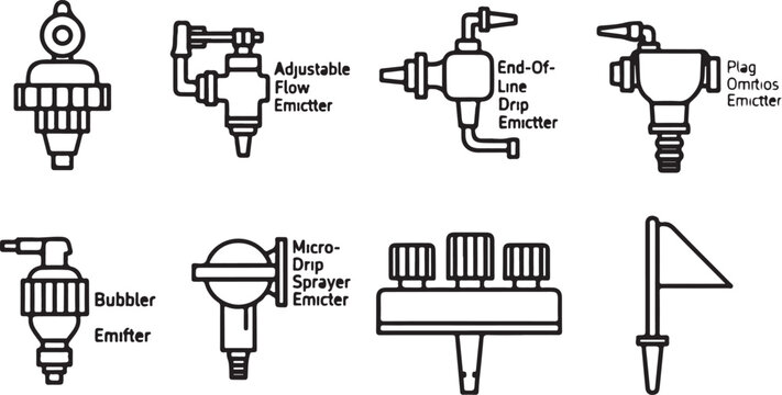 Drip irrigation emitters types for garden watering systems vector icons Vector