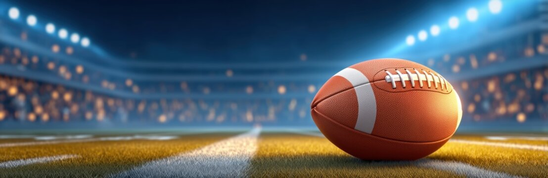 American football ball on stadium field under bright lights, night game atmosphere with copy space. Sports competition, championship event, horizontal banner